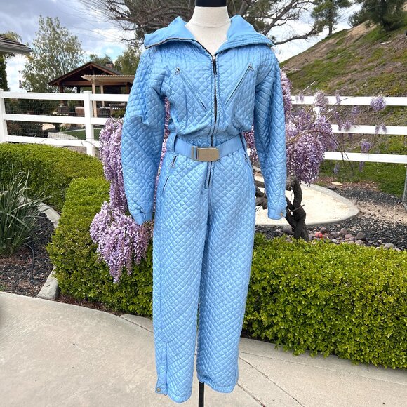 Vintage "Postcard" Ski Jumpsuit - Baby Blue Quilted - Size 2